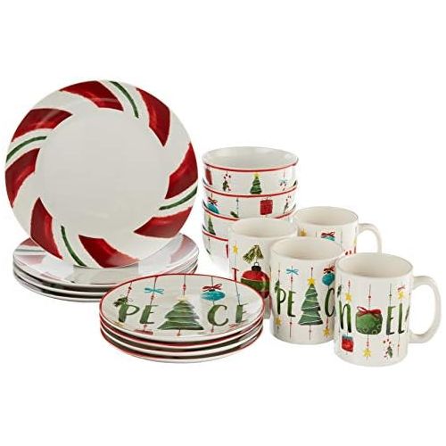  American Atelier Holiday Dinnerware Set ? 16 Piece Christmas Themed Stoneware Dinner Party Collection w/ 4 Dinner Plates, 4 Salad Plates, 4 Bowls & 4 Mugs ? Unique Gift Idea for Ch