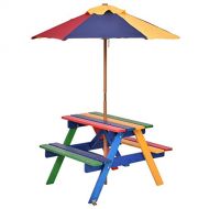 [아마존베스트]Costzon Kids Picnic Table Set, Colorful Wood Picnic Table and Benches with Removable/Folding Umbrella, Children Rainbow Bench Outdoor Patio Set
