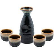 [아마존베스트]Happy Sales HSSS-WFLBLK, Perfect 5 pc Japanese Design Ceramic Sake set, Waterfall