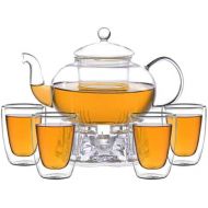 Aricola Teeset Melina 1,3 Liter. Glas-Teekanne 1,3 Liter mit Glassieb, 4 doppelwandige Teeglaser 200ml und Glasstoevchen