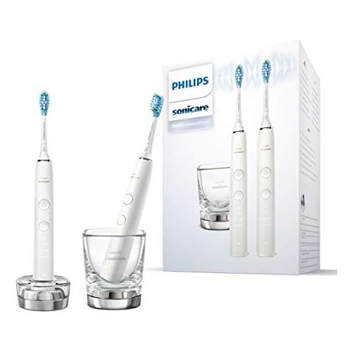 필립스 Philips Sonicare DiamondClean 9000 Electric Toothbrush Double Pack HX9914/55 2 Sonic Toothbrushes with 4 Cleaning Programs, Timer and Charging Glass, New Generation, White + Whit