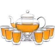 Aricola Teeset Melina 1,3 Liter. Glas-Teekanne 1,3 Liter mit Glassieb, 6 doppelwandige Teeglaser 200ml und Glasstoevchen