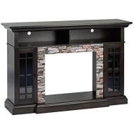 e-Flame USA Whistler Large Mantel Electric Fireplace Stove TV Stand with Media Shelves - Faux Stone Dark Oak - 66x43