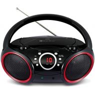 SINGING WOOD 030C Portable CD Player Boombox with AM FM Stereo Radio, Aux Line in, Headphone Jack, Supported AC or Battery Powered (Black with a Touch of Red Rims)