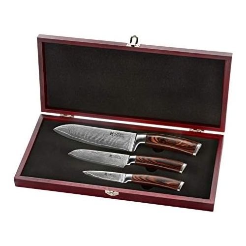  [아마존베스트]Wakoli 3 Piece Damascus Knife Professional Set with Wooden Box, VG-10, Chefs Knife, Damask Kitchen Knife, Wet/Combi Whetstone, Water Stone Set #6000/1000