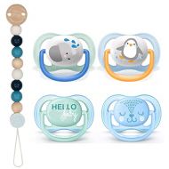 Philips Avent Ultra Air Dummies 0 6 Inches Hello Boy Friendly Dino Set of 4 Including 2 Sterilising Transport Boxes and Heimess Wooden Dummy Chain Beads Light Blue