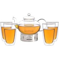 Aricola Teeset Melina 1,8 Liter. Glas-Teekanne 1,8 Liter mit Glassieb, 4 doppelwandige Teeglaser 360ml und Edelstahlstoevchen