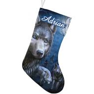 CUXWEOT Personalized Wolf Full Moon Christmas Stocking Customize Name Decor for Xmas Tree Fireplace Hanging Party 17.52 x 7.87 Inch