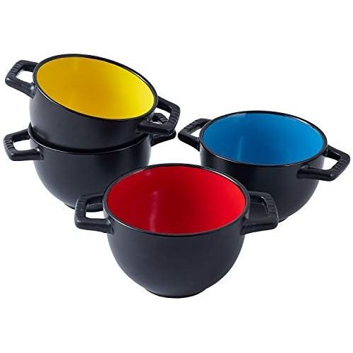  [아마존베스트]Bruntmor Set of 4 Large Soup Crocks with Handles for Cereal Bowl, Soup, Stew, Chilli, Oven safe Ceramic Serving Soup Bowl Set for kitchen. 24 Oz, Black Multi Color
