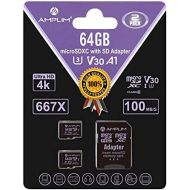 Amplim 64GB Micro SD Card, 2 Pack Extreme High Speed MicroSD Memory Plus Adapter, MicroSDXC U3 Class 10 V30 UHS-I Nintendo-Switch, Go Pro Hero, Surface, Phone Galaxy, Camera Securi