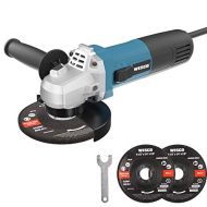 WESCO 6 Amp POWER Angle Grinder Tool, 11000RPM 4-1/2Inch Angle Grinder with Auxiliary Handle, Spanner, Safety Guard for Grinding, Cutting, 3 Metal Grinding Wheels