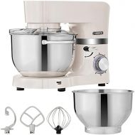 Arebos Food Processor 1500 W Cream Kneading Machine with 2 x Stainless Steel Mixing Bowls 4.5 & 5.5 L Low Noise Kitchen Mixer with Mixing Hook, Dough Hook, Whisk and Splash Guard 6