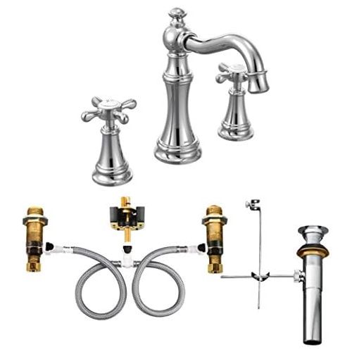  Moen TS42114-9000 Weymouth Two-Handle Widespread Bathroom Faucet with Cross Handles and Valve, Chrome