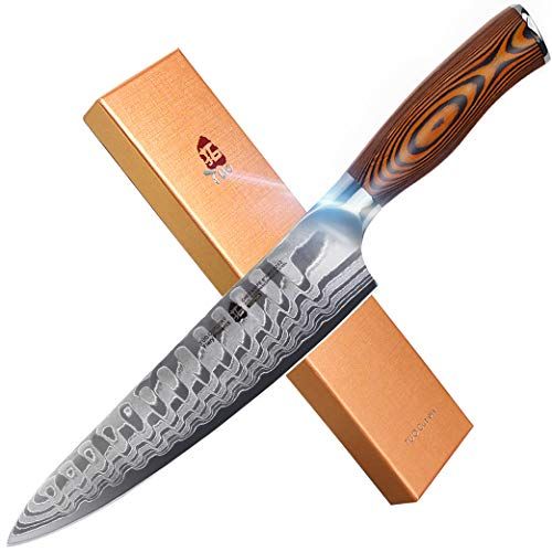  TUO Damascus Chefs Knife Kitchen Knives Japanese AUS10 HC 67 Layers Steel with Dragon Pattern Ergonomic Pakkawood Handle 8 Fiery Phoenix Series Including Gift Box