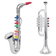 Click n Play Set of 2 Musical Wind Instruments for Kids - Metallic Silver Saxophone and Trumpet Horn