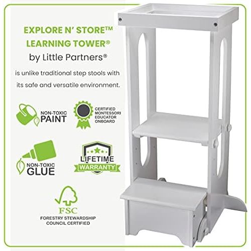  [아마존베스트]Little Partners Explore n Store Learning Tower Kids Adjustable Height Kitchen Step Stool for Toddlers or Any Little Helper (Soft White)