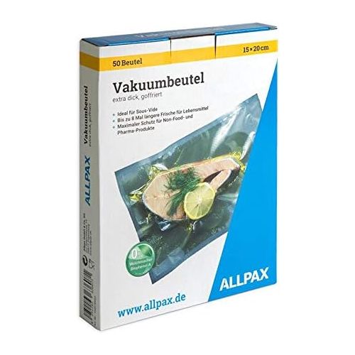  Allpax Vakuumbeutel im Karton, 15 x 20 cm, 50 Stueck, extra dick, mit Pragung - goffriert (fuer kammerlose Vakuumierer) - gefertigt aus lebensmittelechten PA/PE, ohne Weichmacher - Material