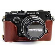 PEN-F Case, BolinUS Handmade Genuine Real Leather Half Camera Case Bag Cover for Olympus PEN-F Bottom Opening Version + Hand Strap - Coffee