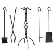 HYDT Fireplace Tools Set 5 Pieces, Wrought Iron Wood Stove Hearth Tool Set with Brush, Shovel, Tong, Poker and Stand Base, 28 in