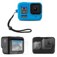 GOHIGH Camera Silicone Case Kits for GoPro Hero 8 Black Soft Silicone Sleeve + Lanyard + 4 pcs Display Glass Screen Lens Tempered Film(Blue Case&Screen Tempered Film)