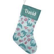 FunnyCustomShop OOshop Personalized Christmas Stockings Green Dolphins and Red Coral with Name Custom Xmas Holiday Fireplace Festive Gift Decor 17.52 x 7.87 Inch