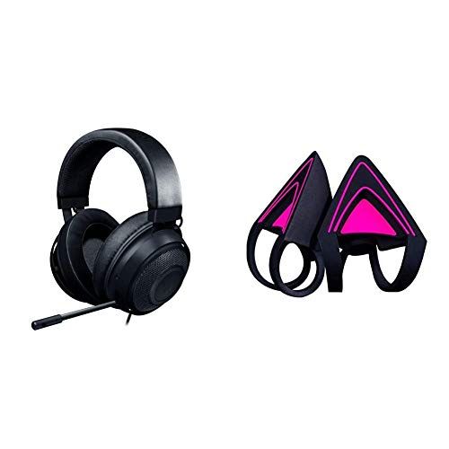 레이저 Razer Kraken Gaming Headset, Black & Kitty Ears for Kraken Headsets: Compatible with Kraken 2019, Kraken TE Headsets - Adjustable Straps - Water Resistant Construction - Neon Purpl