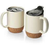 [아마존베스트]DOWAN Coffee Mugs Set of 2, 15 OZ Ceramic Mug with Insulated Cork Bottom and Splash Proof Lid, Large Coffee Mug with Handle for Men, Women, Beige