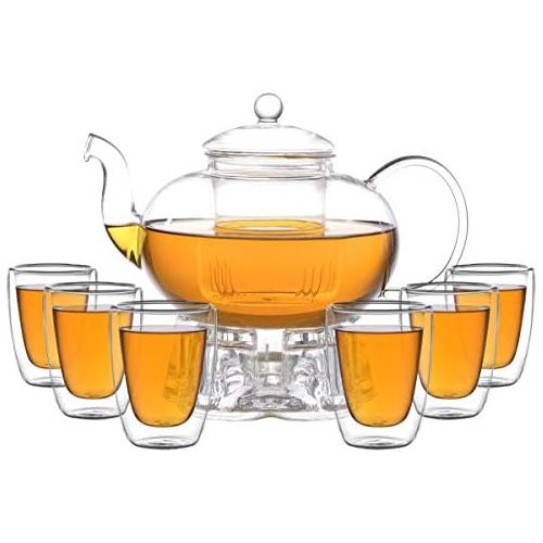  Aricola Teeset Melina 1,8 Liter. Glas-Teekanne 1,8 Liter mit Glassieb, 6 doppelwandige Teeglaser 200ml und Glasstoevchen