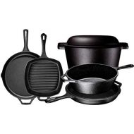 Bruntmor Pre Seasoned Cast Iron 6 Piece Bundle Gift Set, Double Dutch, Multi Cooker, Skillet & Square Grill Pan, Kitchen and Outdoor Camping Cookware/Bakeware Set (6 Piece)