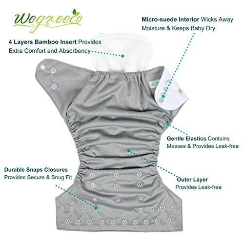  Wegreeco Washable Reusable Baby Cloth Pocket Diapers 6 Pack + 6 Inserts + 1 Wet Bag