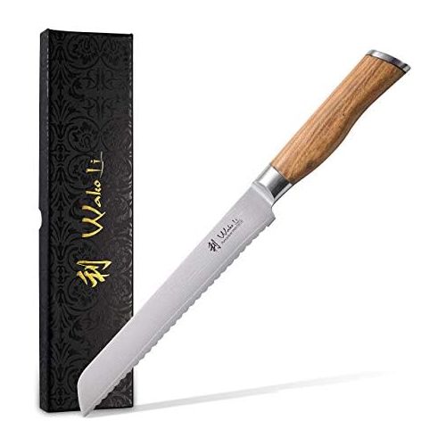  Wakoli Oliven Damastmesser - sehr hochwertiges Profi Messer mit Olivenholz Griff mit Damast Klinge, Damastmesser Brotmesser, Damastkuechenmesser