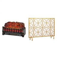 VIVOHOME Log Quartz Fireplace Fan Heater and Single Panel Wrought Iron Fireplace Screen Gold