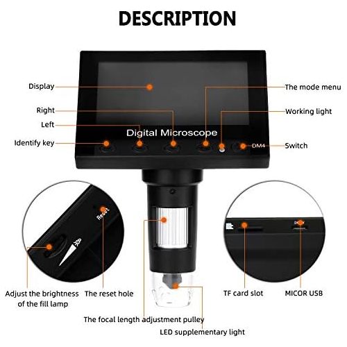  [아마존베스트]WADEO LCD Digital Microscope, 4.3 Inch 720P HD 1000X Magnification Zoom Rechargeable Battery Endoscope with 8 LEDs for Repair, Rechargeable Battery, Microscope Children Compatible