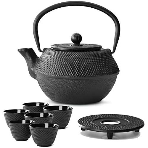  Bredemeijer Teekanne asiatisch Gusseisen Set schwarz 1,1 Liter mit Tee-Filter-Sieb mit Untersetzer und 6 Teebecher
