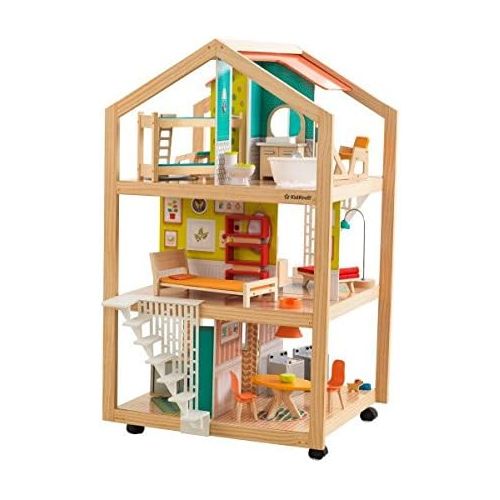키드크래프트 KidKraft So Stylish Mansion Wooden Mid-Century Dollhouse with EZ Kraft Assembly, Open-Concept, Wheeled Base and 42 Accessories, Gift for Ages 3+