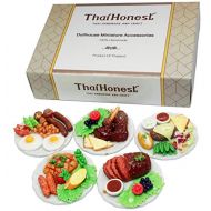 ThaiHonest Set 5 Assorted Dollhouse Miniature Food with Lamb Ribs,Tiny Food On Ceramic Plate, Dollhouse Accessories for Collectibles