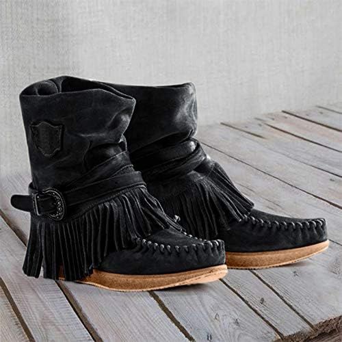  [아마존베스트]ZBYY Tassel Boots for Women Low Heel Suede Ankle Booties Winter Rome Vintage Fringe Buckle Knight Mid-Calf Flat Shoes