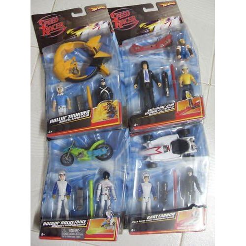  Hot Wheels Speed Racer Action Figure 2 Packs. The Four Included Speed Racer Two Packs are Rollin Thunder, Battle Board, Rockin Rocketbike, Kart Cannon. Includes Speed Racer (3), Po