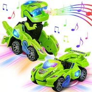 AMENON Transforming Easter Dinosaur Car Toys with LED Light Music Automatic Deformation Dino Race Car Toys for Kids Boy Girls Toddlers 3 Year Old and Up Birthday Holiday Easter Toy
