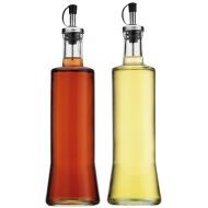 Palais Glassware Oil & Vinegar Clear Glass Dispenser Cruet Bottle, with Silver and Black Spout - Set of 2 - (Round)