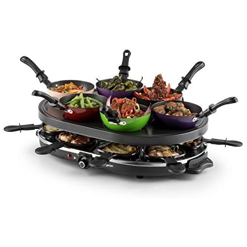  oneConcept Woklette Raclette Barbecue Table Grill Party Grill Power 1200 Watt Freely Adjustable Temperature Includes 8 Frying Pans and Wooden Spatula Non Stick Coating Black
