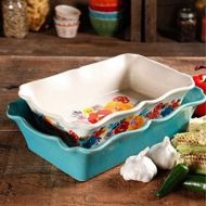 The Pioneer Woman Flea Market 2-Piece Decorated Rectangular Ruffle Top Ceramic Bakeware Set (Pack of 2): Kitchen & Dining