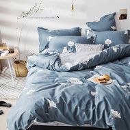 HIGHBUY Softta Blue Floral Bedding Sets for Girls Twin 3 pcs with White Flower Printed Blue 100% Cotton (1 Duvet Cover + 2 Pillow Shams)