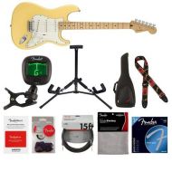 Fender Player Stratocaster Electric Guitar, 22 Frets, ModernC Shape and Maple Neck, Maple Fingerboard, Gloss Polyester, Buttercream - With 9 Pack Accessory Bundl e