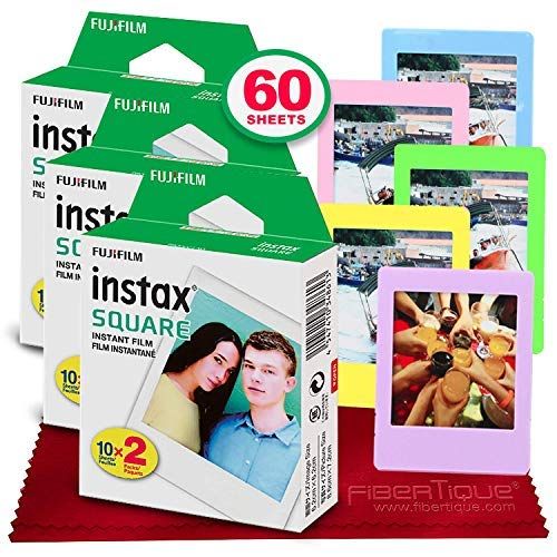 후지필름 Fujifilm instax Square Instant Film (60 Exposures) Compatible with FujiFilm Instax Square SQ6, SQ10 and SQ20 Instant Cameras + 5 Color Picture Frames + FiberTique Cleaning Cloth