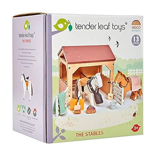  Tender Leaf Toys - The Stables - 13 Pcs Imaginative Horse Stables Play Set with and Accessories - Animal Learning Pretend Play and Promote Creativity - Age 3+