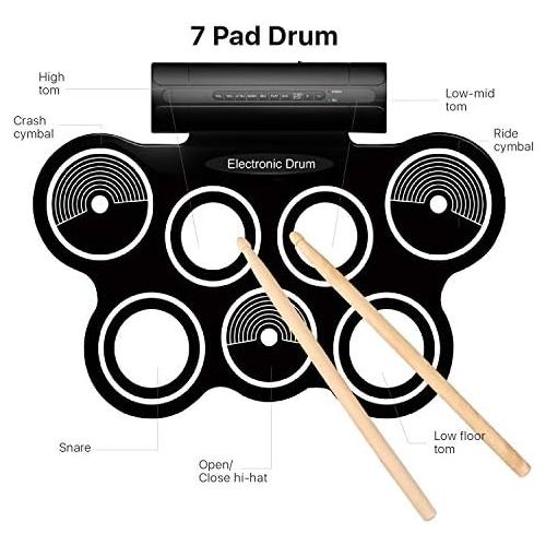  [아마존베스트]Flexzion Digital Electronic Roll Up Drum Pad Set Kit - Support MIDI Output DTXMania Games, Portable Silicone Sheet 7 Pads with Drum Stick, Foot Pedal Switch, Headphone Jack, USB Ch