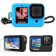 Yisau Case for GoPro Hero 10 Black/Hero 9 Black with Screen Protector Kit, Includes Silicone Lens Cap & HD Tempered Glass Front & Rear Protective Film&Lens Protector (Blue)