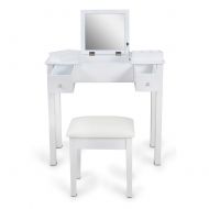 GLS White Vanity Table Set Makeup Cabinet with Stool Wooden Jewelry Organizer with Mirror for Girls