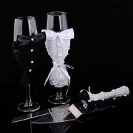 TMG Elegant Wedding Cake Knife and Server and Wine Glass Set with Black & White Wedding Dress Decoration Novelty Gift